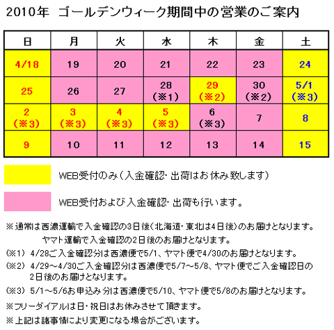 ゴールデンウィーク期間中の配送のお知らせ